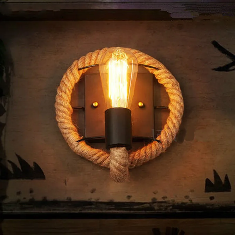 

American Retro Hemp Rope Edison Bulb Wall Light Round Rope Stairs Bar Coffee Shop Aisle Balcony Wandlamp Wall Art Iron Wall Lamp