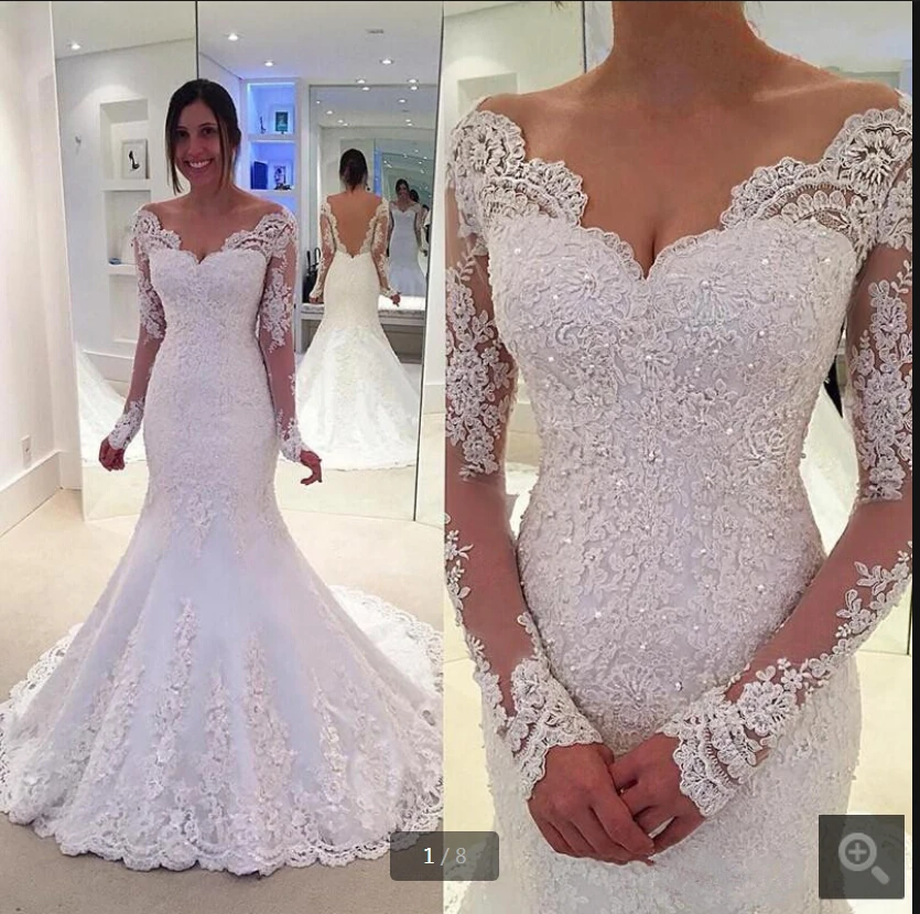 Robe de Mariage русалка белое кружево свадебное платье с аппликацией с длинным рукавом бисером v-образным вырезом Элегантные платья невесты