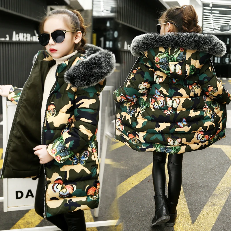 

OLEKID 2019 Winter Children Girls Parka Hooded Long Flower Girls Camouflage Jacket 4-13 Years Teenage Girls Winter Coat Snowsuit