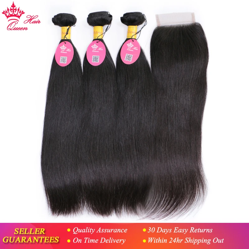 Queen Hair Peruvian Virgin Straight Hair Bundles With Closure 100% Unprocessed Human Hair Weave Bundles With Lace Closure