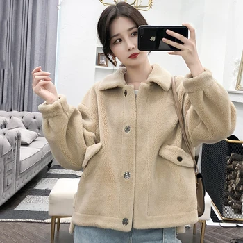 

2019 Turn Down Collar Winter Jacket Women Breasted Buttons Female Lambswool Coat Outwear Short Parka