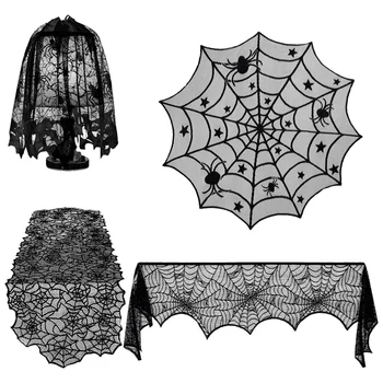 

HOT-1 Set Halloween Decoration Props Black Lace Spiderweb Fireplace Mantle Scarf Cover Tablecloth Festive Party Supplies