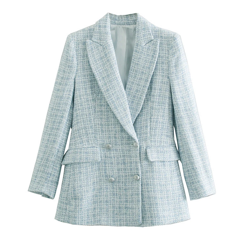 2021 primavera e outono oficial terno casual lantejoulas botão de duas fileiras com decote em v manga comprida bolso azul jaqueta feminina ternos blazer