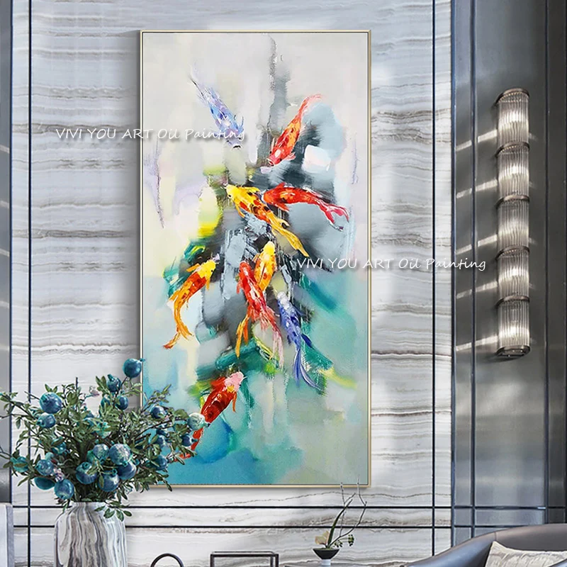 

The Trend Handmade Large Luck Abstract Oil Painting On Canvas Knife Fish Koi Colorful Animal Wall Art Decor for Office Home