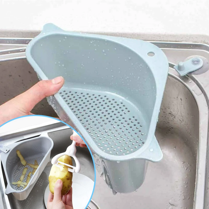 

Kitchen Sink Strainer Drain Triangular Vegetable Fruits Drainer Basket Suction Cup Sponge Rack Storage Tool Sink Filter Shelf