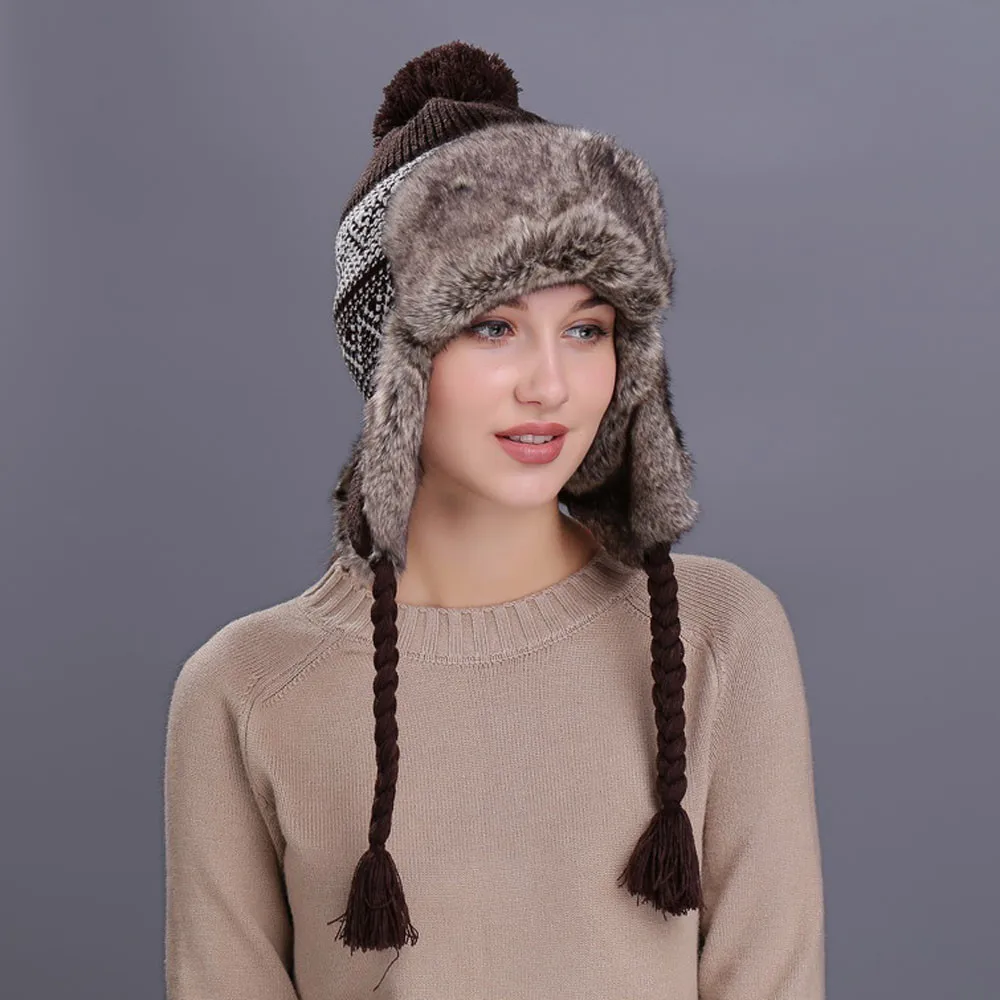 Men Women Warm Winter Knit Beanie Hiphop Cap Hat with Ear Flaps Snow Ski Thick Knit Wool Beanie Cap Hat