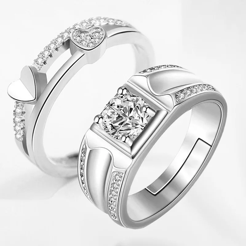 Simple Crystal Heart Couple Rings Set Fashion Pair Opening Rings Stainless Steel Wedding Luxury Jewelry Gift ring set couples rings stainless steel ring finger ring opening ring wedding rings wedding ring