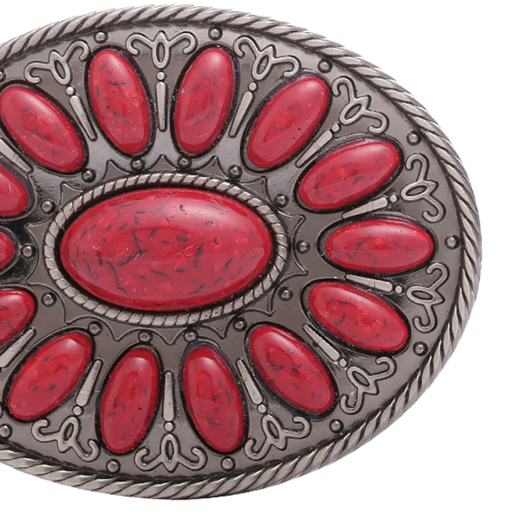 Bohemia Style Oval Red Gem Beads Metal Western Cowboy Belt Buckle