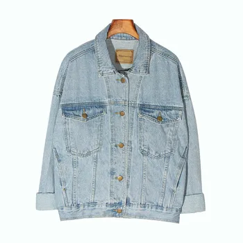 

Vintage Women Jacket 2020 Autumn Winter Oversize Denim Jackets Washed Blue Jeans Coat Turn-down Collar Outwear Bomber Jacket