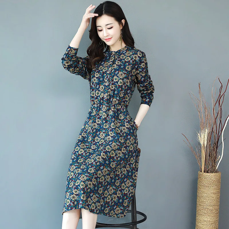 

Floral-Print Dress Autumn And Winter 2019 New Style Elegant Debutante Korean-style Autumn Long Sleeve Slimming Cotton Linen WOME