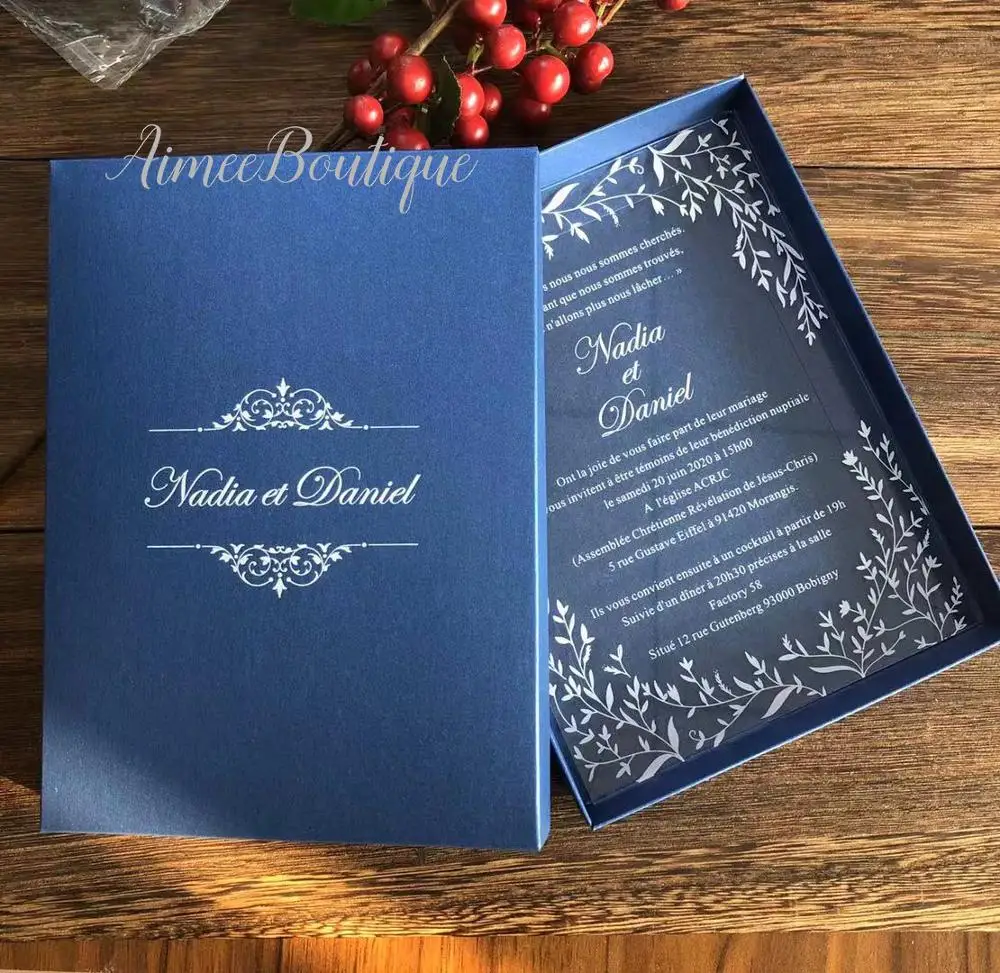  2020 white print clear acrylic wedding invitation with leaves design with blue box - 4.00047E+12