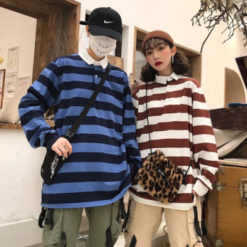 

Vintage stripe Print men T shirt Oversized Couple Tops 2019 New Vogue Clothes Plus size Autumn Winter Long Sleeve Turn-down Collar cotton Polyester women tee
