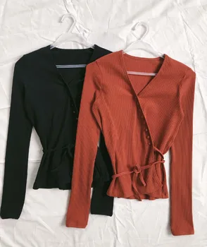 

Women Sweater Retro Romantic Cover Cloth Slanted Side Lace-up Slim Slim Base Sweater