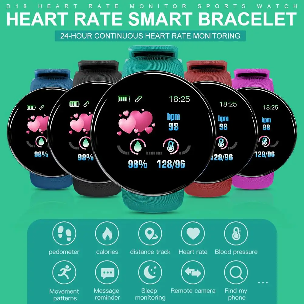 D18 Bluetooth Смарт часы мужские кровяное давление сердечного ритма шаги Smartwatch женские часы водонепроницаемые спортивные часы