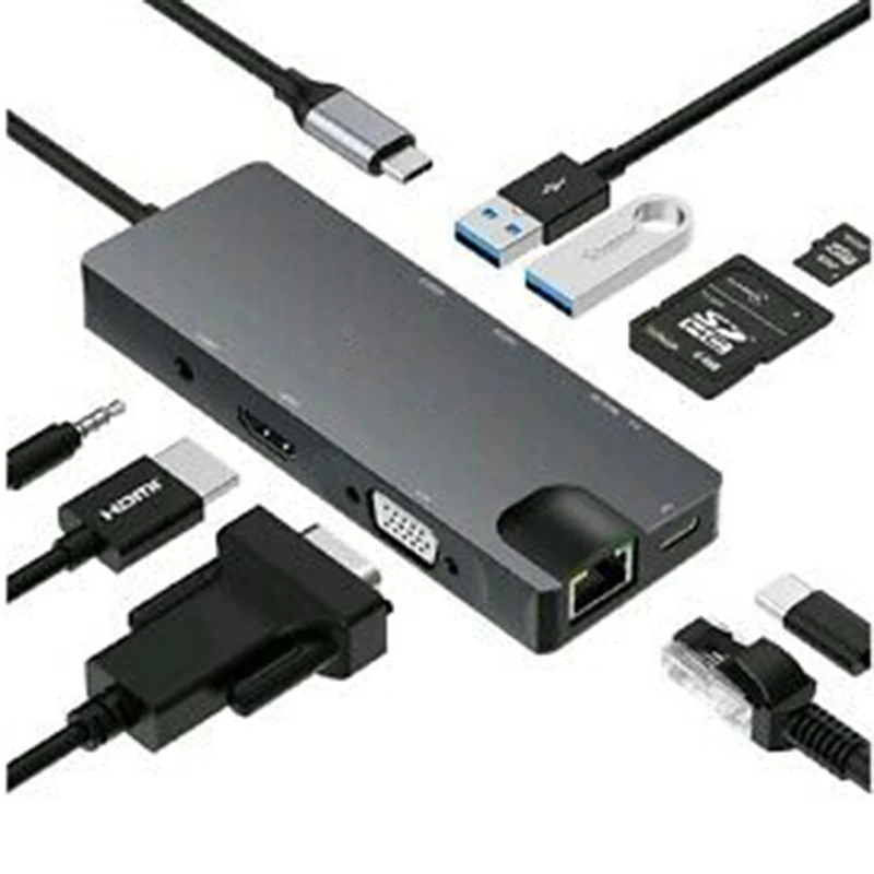 

Basix USB C HUB Type C to USB 3.0 Thunderbolt 3 HDMI 3.5mm Audio RJ45 Adapter for MacBook Pro Samsung Galaxy S9 Type C HUB