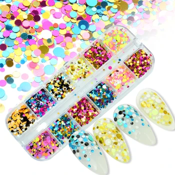 

12 Grids Mixed Color Round Nail Glitter Flakes 1/2/3mm 3D Sequins Paillette Powder Charms Nail Art Decoration Manicure