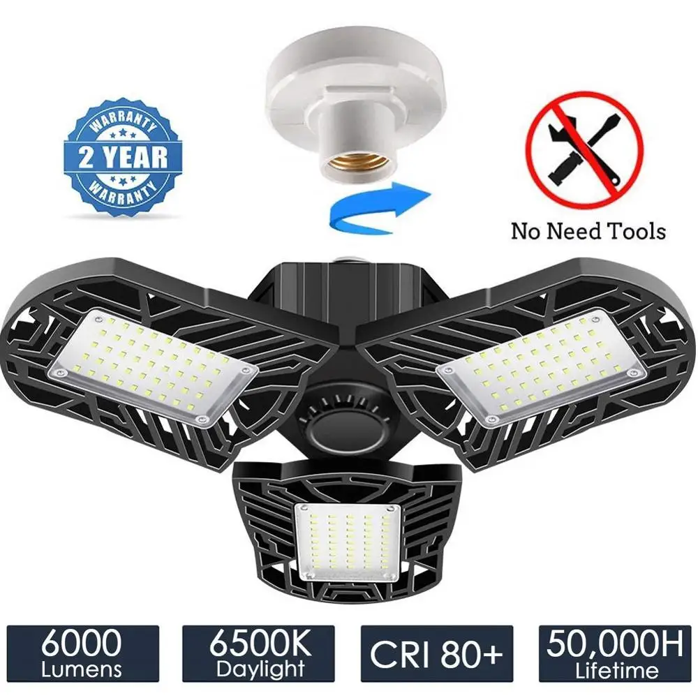 

2PCS LED Lamp E27 LED Bulb Garage Lights 110V 220V 60W Ceiling Light 6500K Daylight for Workshop Warehouse with Adjustable Panel