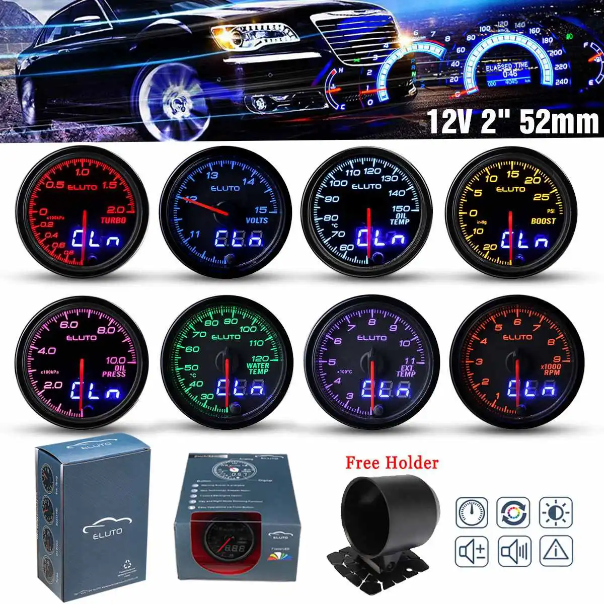 2" 52mm 7 Colors LED Dual Display Boost gauge Water temp Oil temp Oil