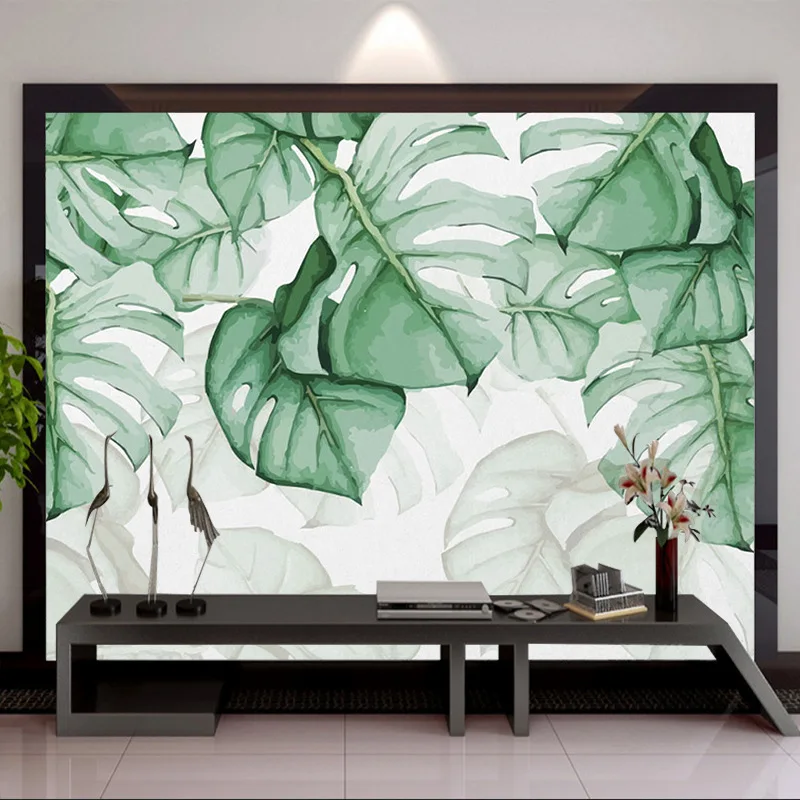 

Northern European-Style Torrid Zone Simple Fresh Hand-Painted Tortoiseshell Back Leaves Plant Watercolor Sofa TV Backdrop Mural
