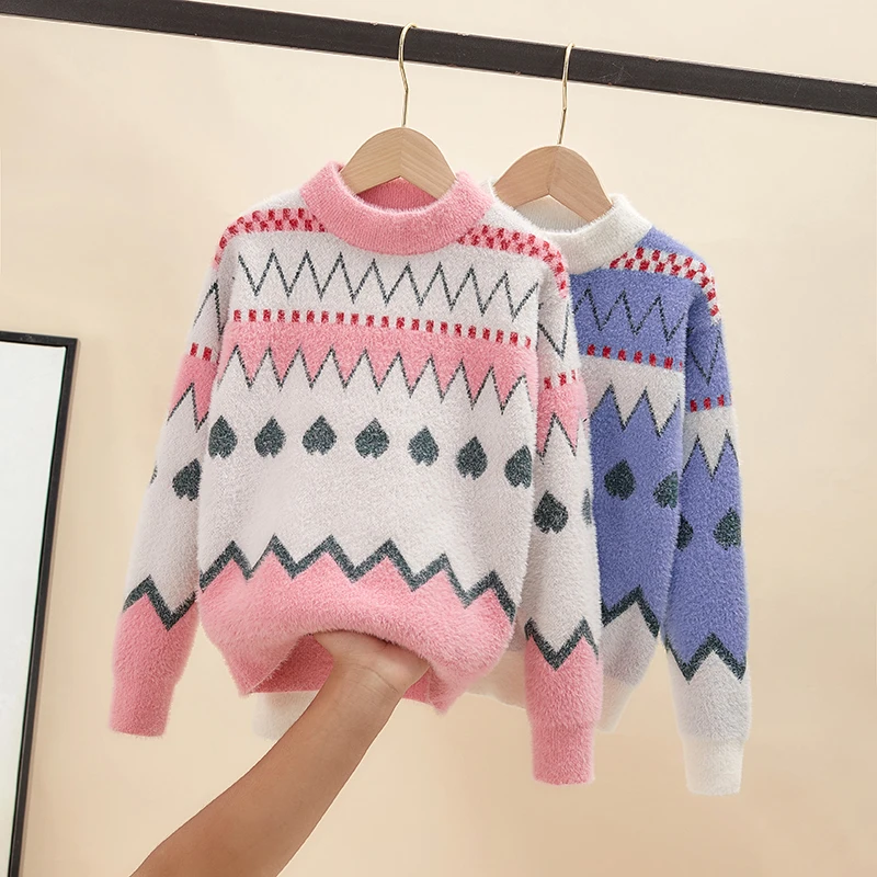 

Children's Sweater Girl's Warm sweater Striped heart pattern winter warm sweater casual knit bottom sweater for cuhk children