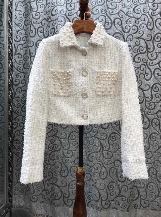 

Early Autumn 2019 New Female Turn-collar Nail Bead Decorative Symmetrical Pocket Long Sleeve Hundred Short Jacket 914