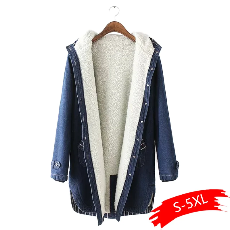 

2019 Warm Winter Long Bomber Jacket Women Hooded Coat Jeans Denim Jackets Basic Ladies Windbreaker Female Large Plus Size 5XL