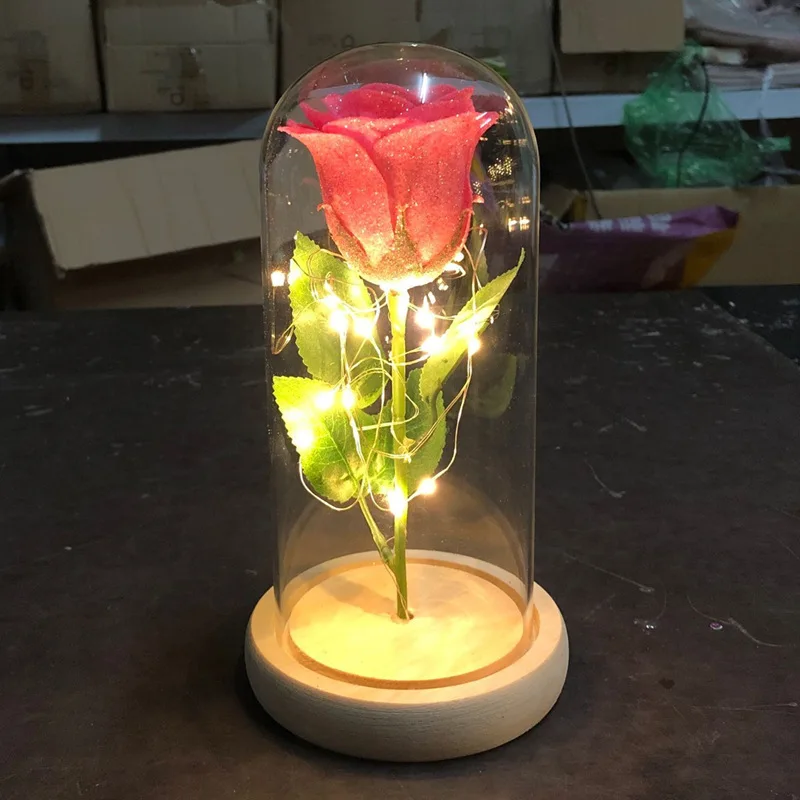 

Dried Flowers Preserved Roses in Glass Cover with Night Light Ornaments Wedding Valentine Day Christmas Gift