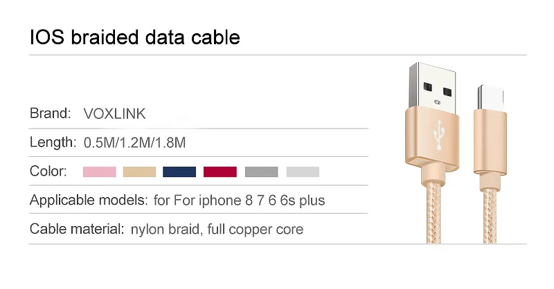 VOXLINK USB кабель 8Pin нейлоновая оплетка для iphone x 8s 7s Быстрая Зарядка Синхронизация данных USB кабель для iphone xs max 8 8Plus 7 6 6s ipad