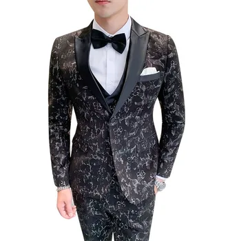 

New groom suit 2019 Floral tuxedo 3-piece Fashion men suit ( Jacket + Vest + Pants ) wedding suit for male Floral Print suit