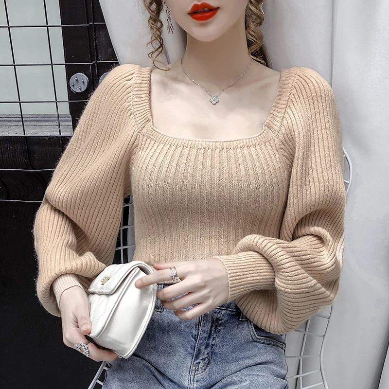 

Fashion Sweet Square Collar Sexy Backless Women's Sweater Beige Korean Style Lantern Sleeve Slim Ribbing Thicken Knit Tops Femme