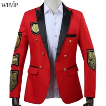 Мужской блейзер военная медаль Свободное пальто сценический для певца костюм куртка годовая производительность черный красный костюм Homme xz074