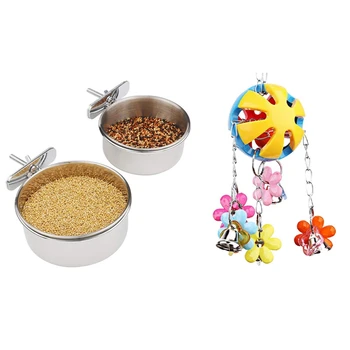 

2Pcs Bird Parrot Feeding Cups with Clamp Stainless Steel & 1Pcs Bird Swing Toys Parrot Cage Toys Bird Chewing Toys