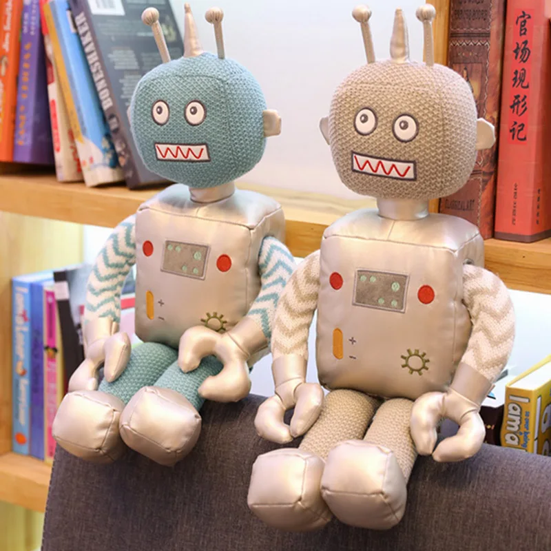 

new product 2020 stuffed blue and silver knitted fabric robot plush toys soft aline robot dolls for boy's birthday gifts