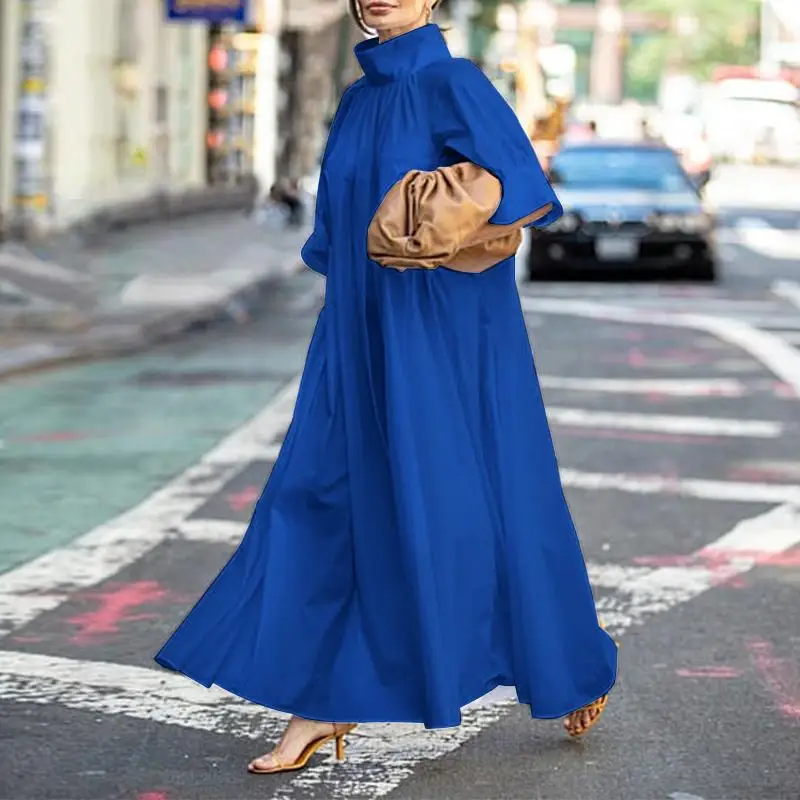 Casual Loose Solid Sundress Robe Elegant Party Long Dresses VONDA Women Long Maxi Dress Autumn Turtleneck Long Sleeve Dresses