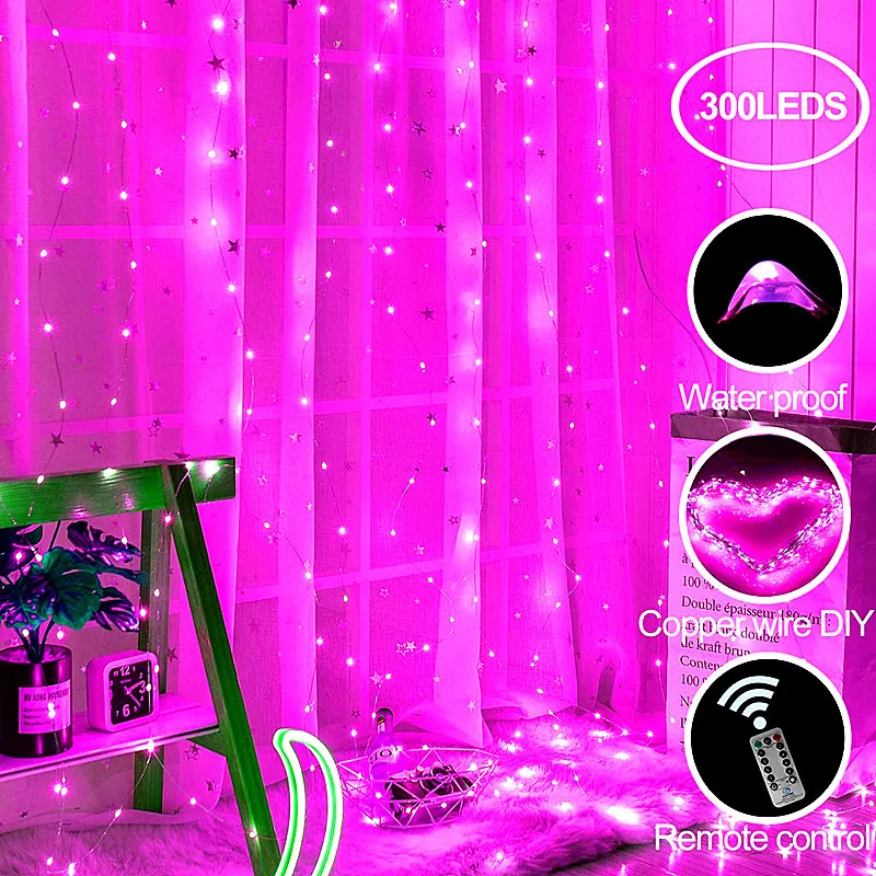 

pink Window Curtain String Light 300 LED 3x3m Fairy Lights Remote Control USB Powered Waterproof Lights for Christmas Bedroom