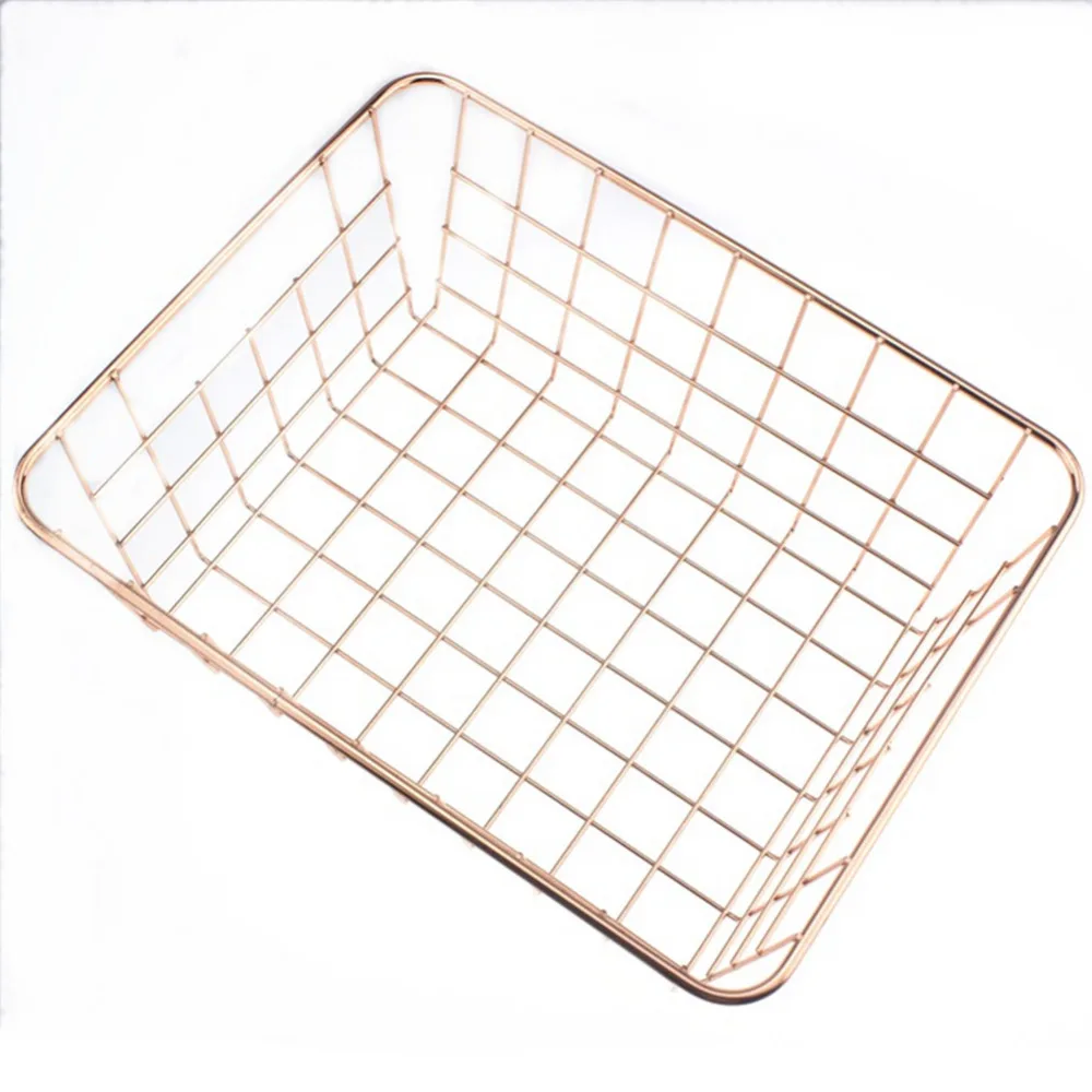 Nordic Style Rose Gold Metal Wire Storage Basket Cosmetic Organizer Holder Home Office Desk Toiletry Collection Bathroom Shelf