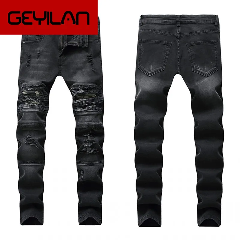 

2019 New Men's jeans Men's High Street Knee Hole Black Slim Stretch Small Straight Locomotive washed trousers More Size 28-40 42