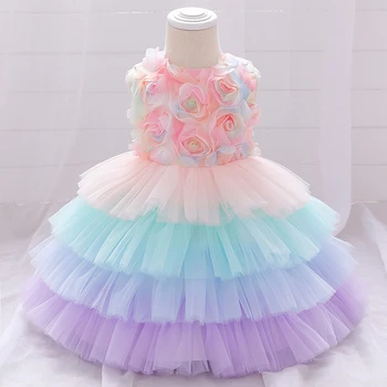 

2020 New Newborn Dress 1 Years Birthday Party Dress Summer baby dress girl's clothes colorful flower mesh cake dresses