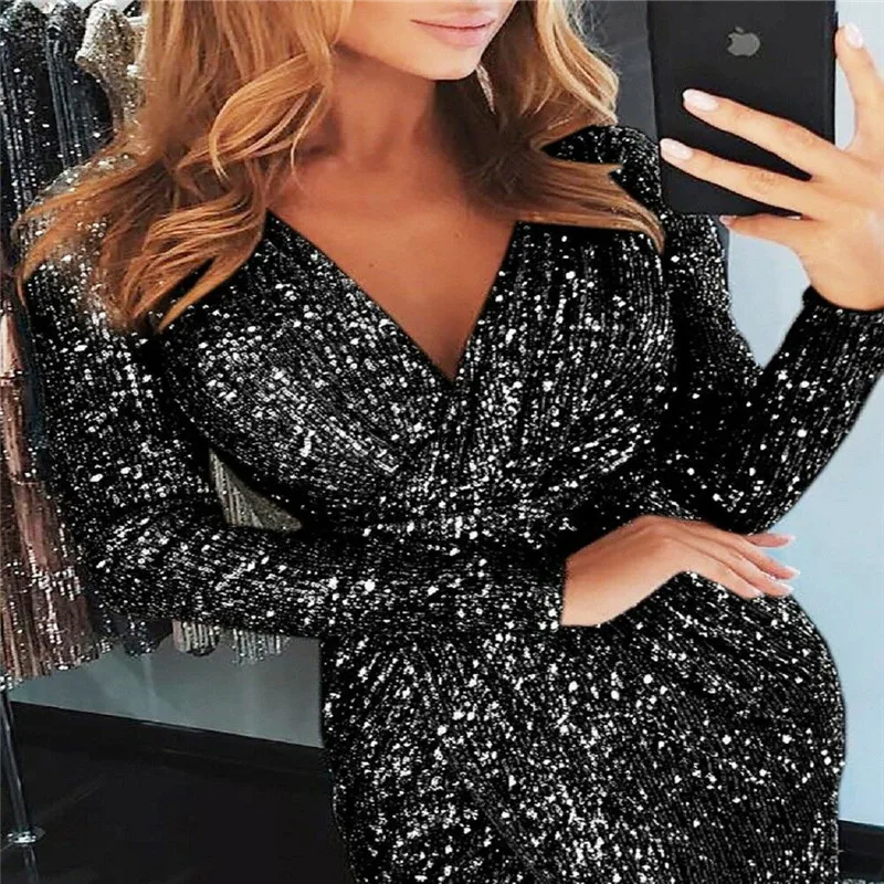 2019 Party Vestito Sequined Glitter Dress Women Sexy Deep V-Neck Bodycon Slim Dress Glitter Dresses Elegant Ladies Mini Dress