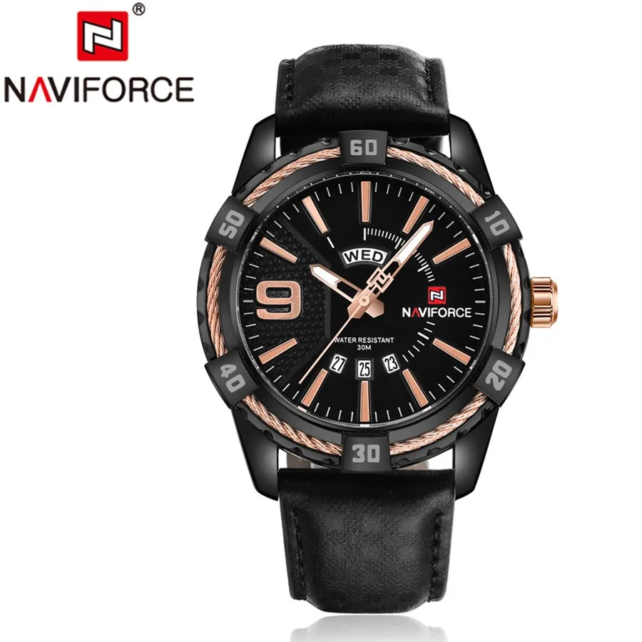 NAVIFORCE мужские часы модные водонепроницаемые военные кожаные кварцевые часы с календарем Мужские часы модные автоматические часы - Цвет: gold-black