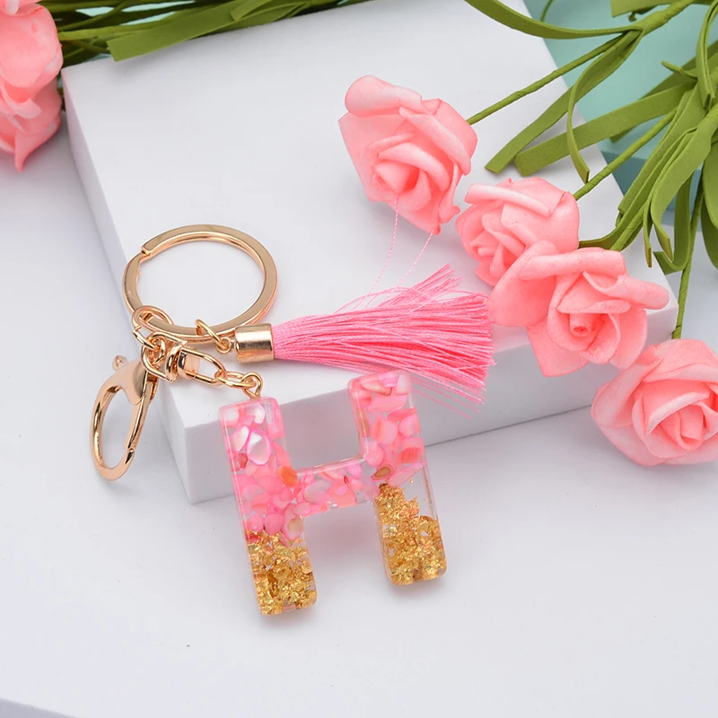 New Tassel English Alphabet Keyring Glitter Gradient Resin Letter Keychain Car Mirror Women