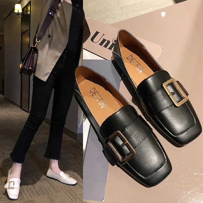 Belt buckle square toe flats metal college leather shoes woman all match lazy loafers brief comfy casual 2-wear flats solid 2019