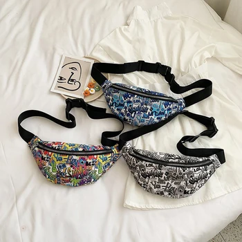 

Casual Chest Bags Women Men Nylon Classic Texture Creative Design Chic Fanny Purse Waist Graffiti Messenger Packs