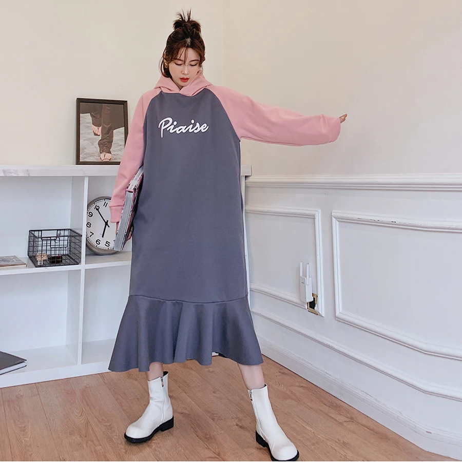 

Autumn Woman Dress Hoodies Long Sleeve Ruffle Streetwear Sweatshirt Fashion Patchwork Letter Print Fleece Winter Clothes Women