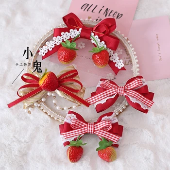 

Japanese Soft sister Strawberry sweet lolita plaid Bowknot Hair clip Hair Accessories Handmade Lolita headdress Hair Ornaments