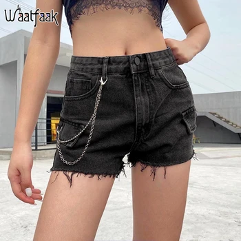 

Waatfaat Pockets Denim Shorts Jeans Women Chain Ripped High Waist Shorts Panties Fitness Summer Black Short Jeans Gothic 2020