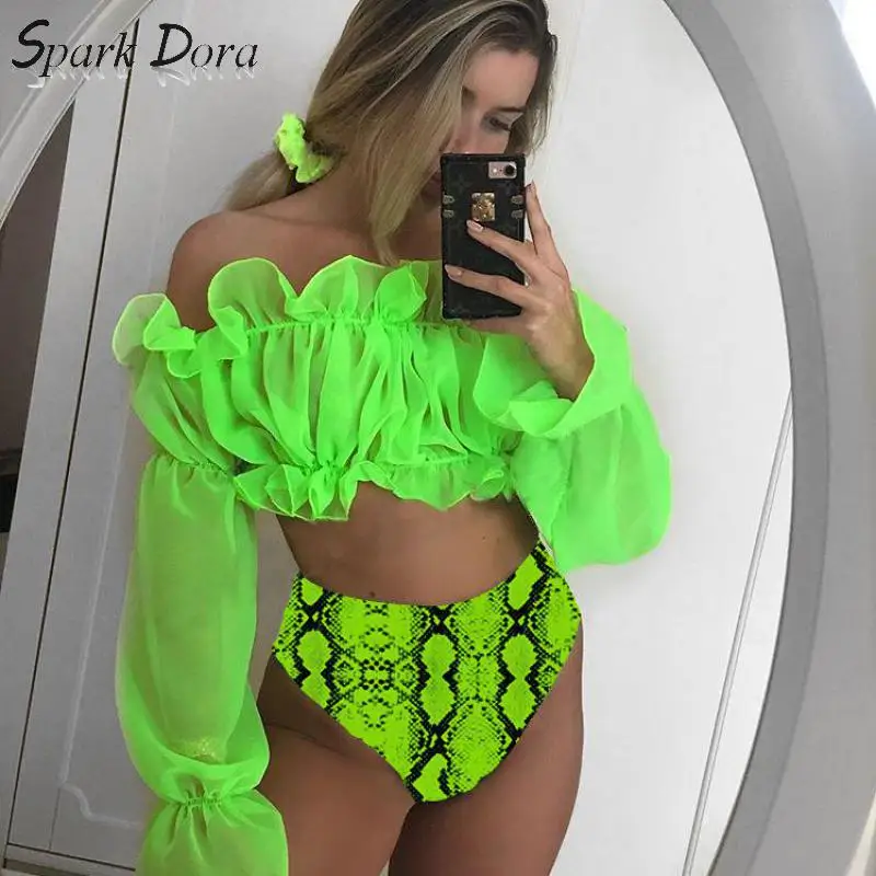 SparkDora 2020 Chiffon Long Sleeve Lace Bikini Snake Sexy Swimwear Split Swimwear set padded bra ladies bandeau bathing suit SparkDora 2020 Chiffon Long Sleeve Lace Bikini Snake Sexy Swimwear Split Swimwear set padded bra ladies bandeau bathing suit