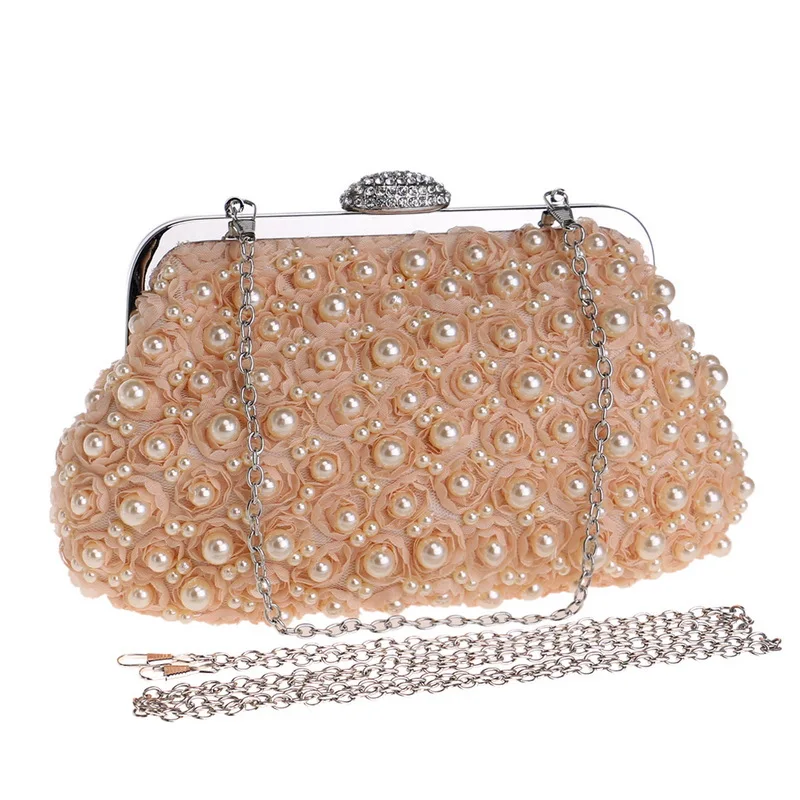 

Fashion Lady Lace Flower Evening Bag Pearl Beaded Metral Frame Cute Women Clutch Purse Elegant Shell Handbag for Party Banquet