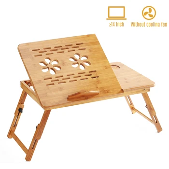 

Foldable Bamboo Laptop Desk Stand Serving Bed Tray Table Height Adjustable with 4 Angle Tilting Top Cooling Fan Drawer
