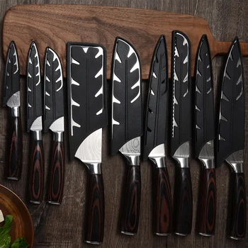 

XYj 9pcs Stainless Steel Kitchen Knives Set Damascus Pattern Blade Wood Handle Knife Pro Chef's Knifes Santoku Cooking Knives